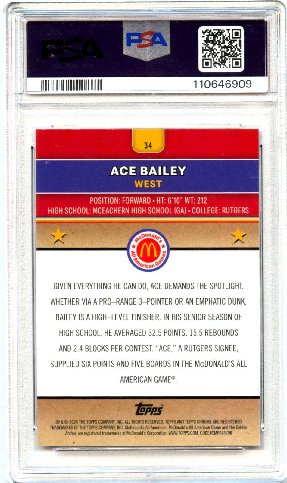 Ace Bailey RC 2024 Topps Chrome Mcdonald's All American Red Lava Rookie SP 48/125 PSA 10