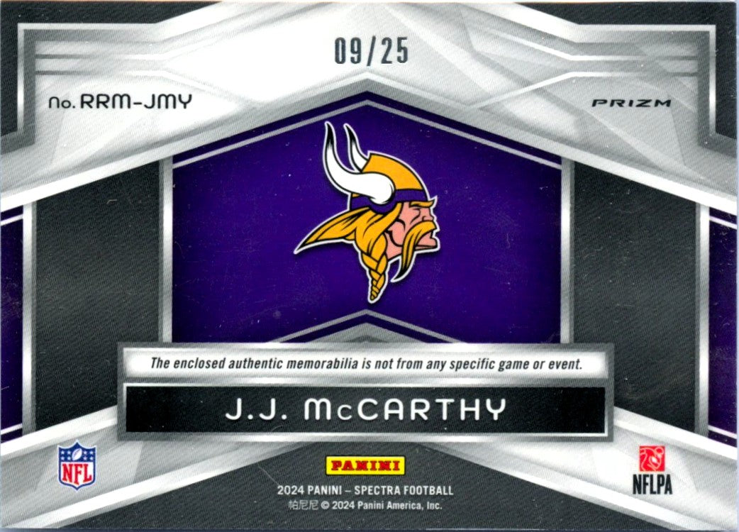 JJ Mccarthy RC 2024 Panini Spectra Meta Rising Rookie Dual Patch SP 9/25-2