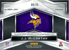 JJ Mccarthy RC 2024 Panini Spectra Meta Rising Rookie Dual Patch SP 9/25-2