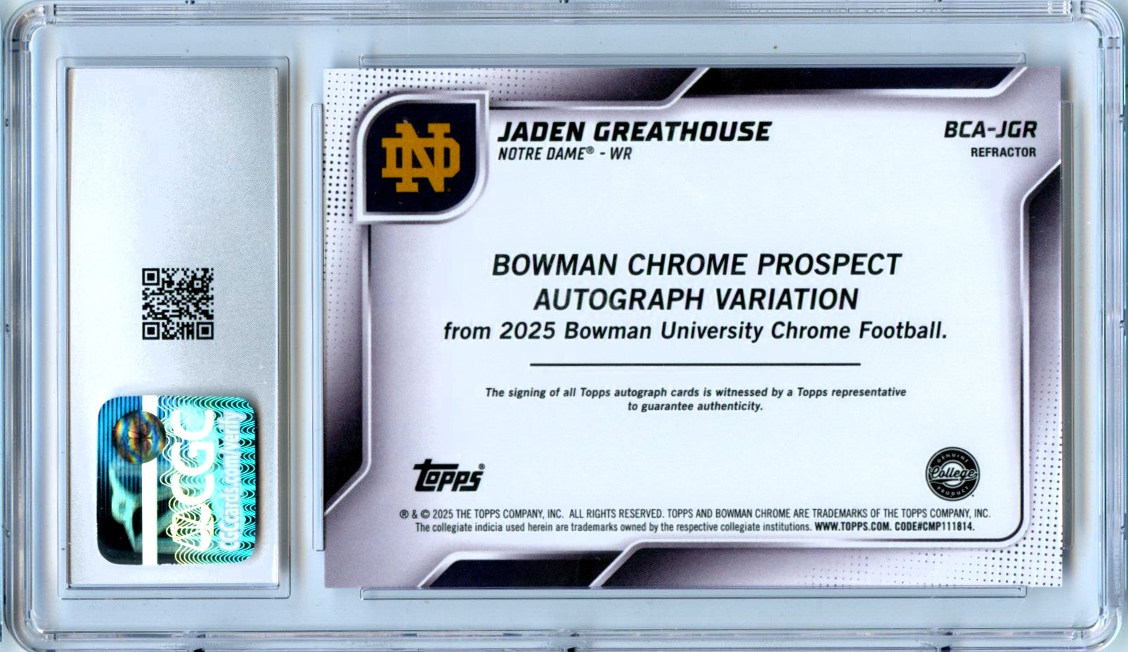 Jaden Greathouse RC 2025 Bowman U Chrome Refractor Rookie Auto SP 190/299 CGC 10