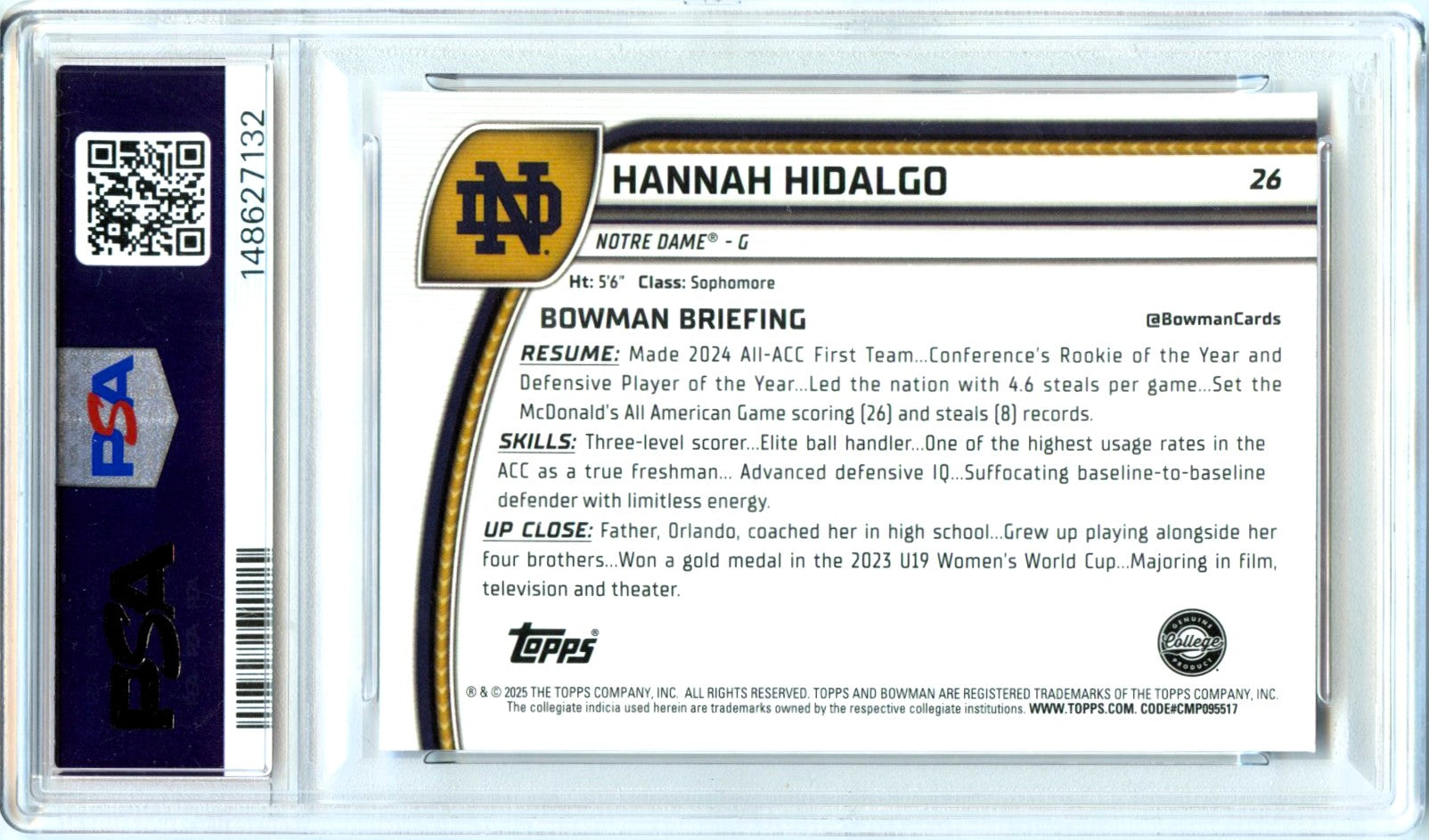 Hannah Hidalgo RC 2024 Bowman U Chrome Sapphire Purple Rookie SP 44/100 PSA 10