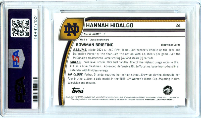 Hannah Hidalgo RC 2024 Bowman U Chrome Sapphire Purple Rookie SP 44/100 PSA 10-2