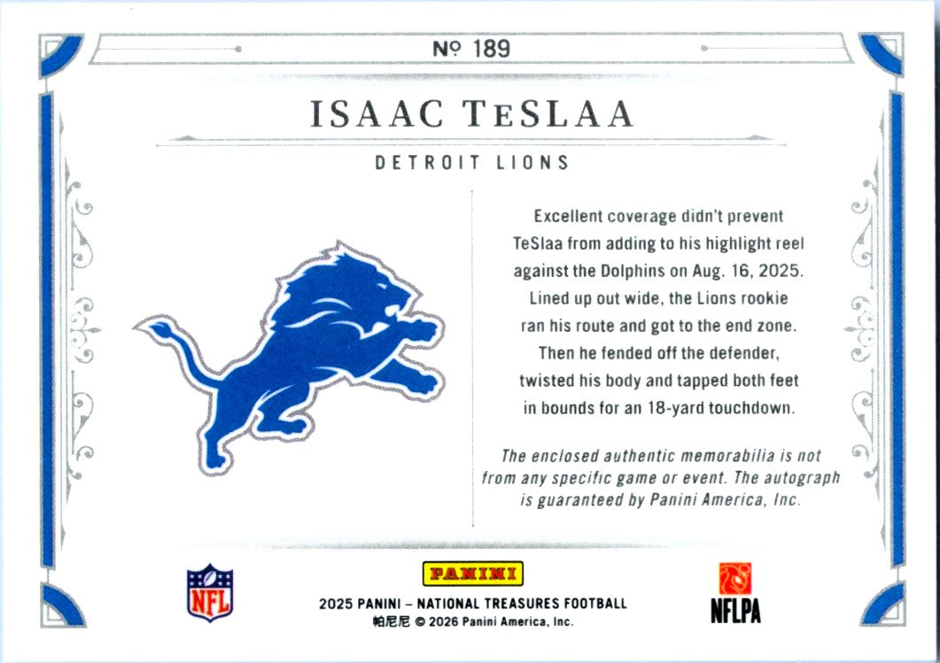 Isaac Teslaa RC 2025 National Treasures Rookie Patch Auto SP 57/99-2