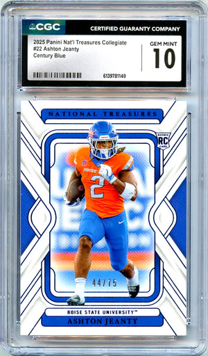 Ashton Jeanty RC 2025 National Treasures Collegiate Blue Century Rookie SP 44/75 CGC 10