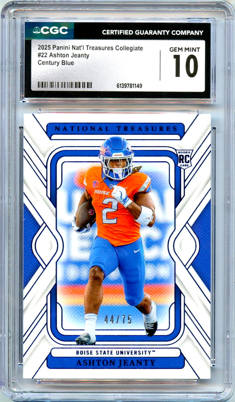 Ashton Jeanty RC 2025 National Treasures Collegiate Blue Century Rookie SP 44/75 CGC 10-1
