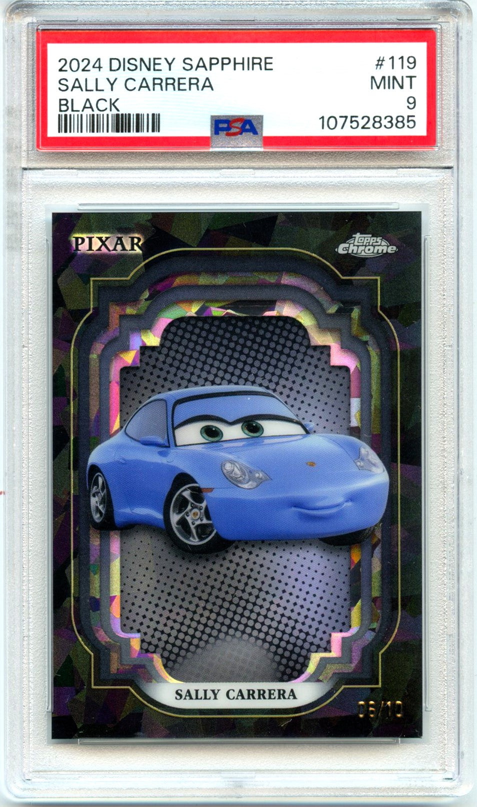 Sally Carrera 2024 Topps Chrome Disney Sapphire Black SP 6/10 PSA 9