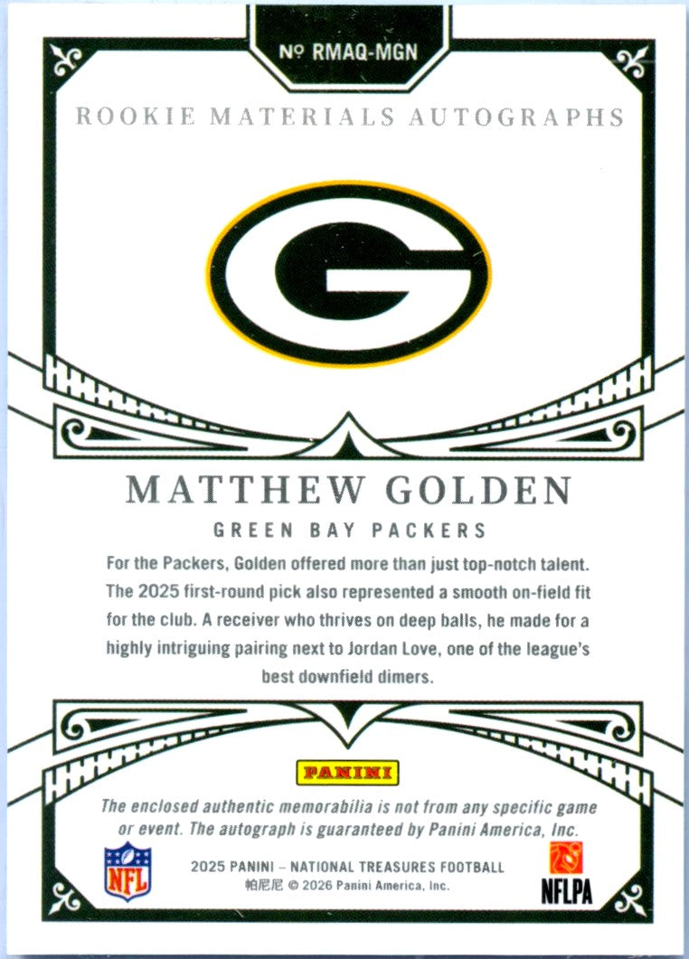 Matthew Golden RC 2025 National Treasures Quad Rookie Patch Auto SP 18/99-2