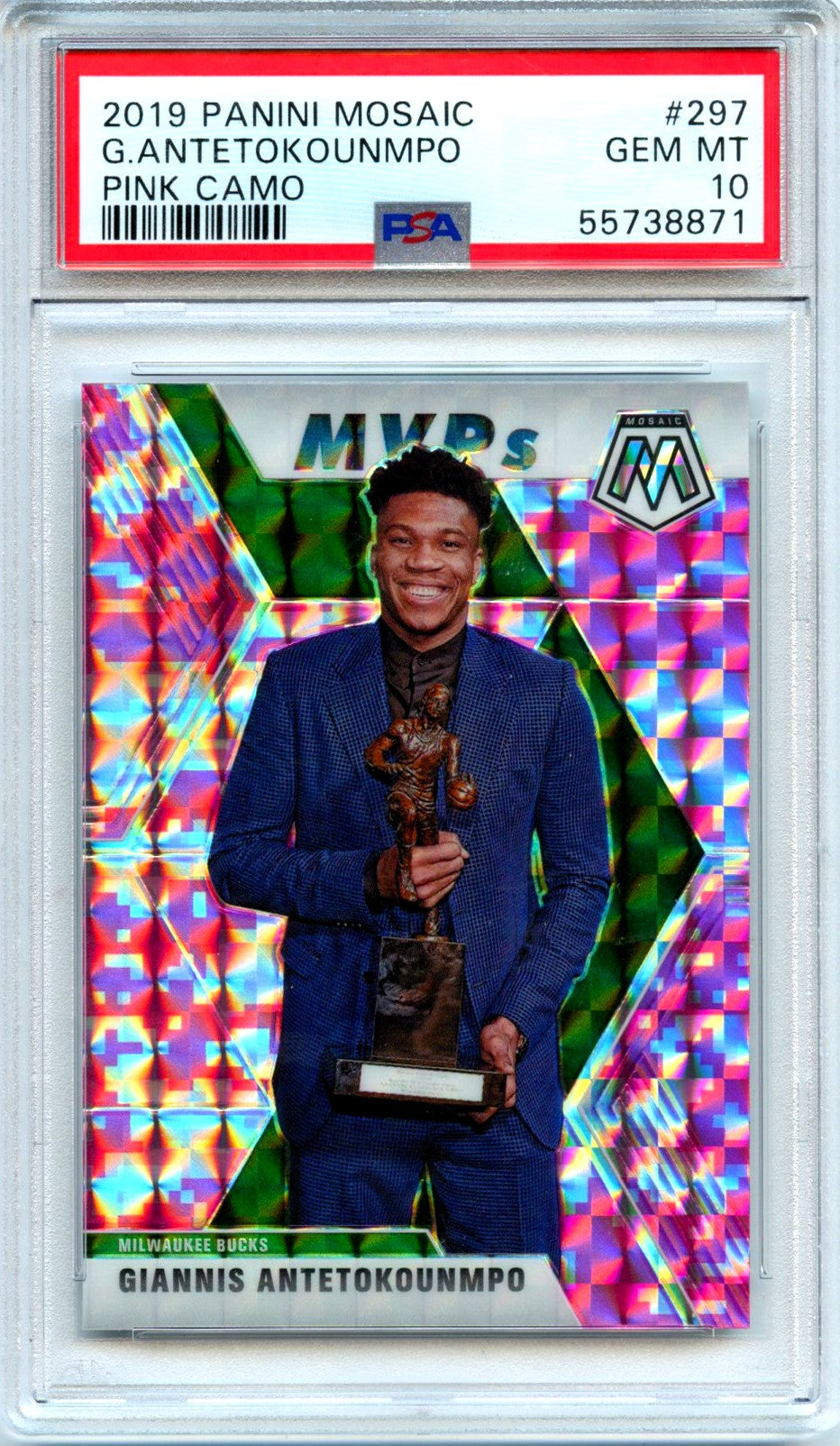 Giannis Antetokounmpo 2019-20 Panini Mosaic Pink Camo #297 PSA 10-1