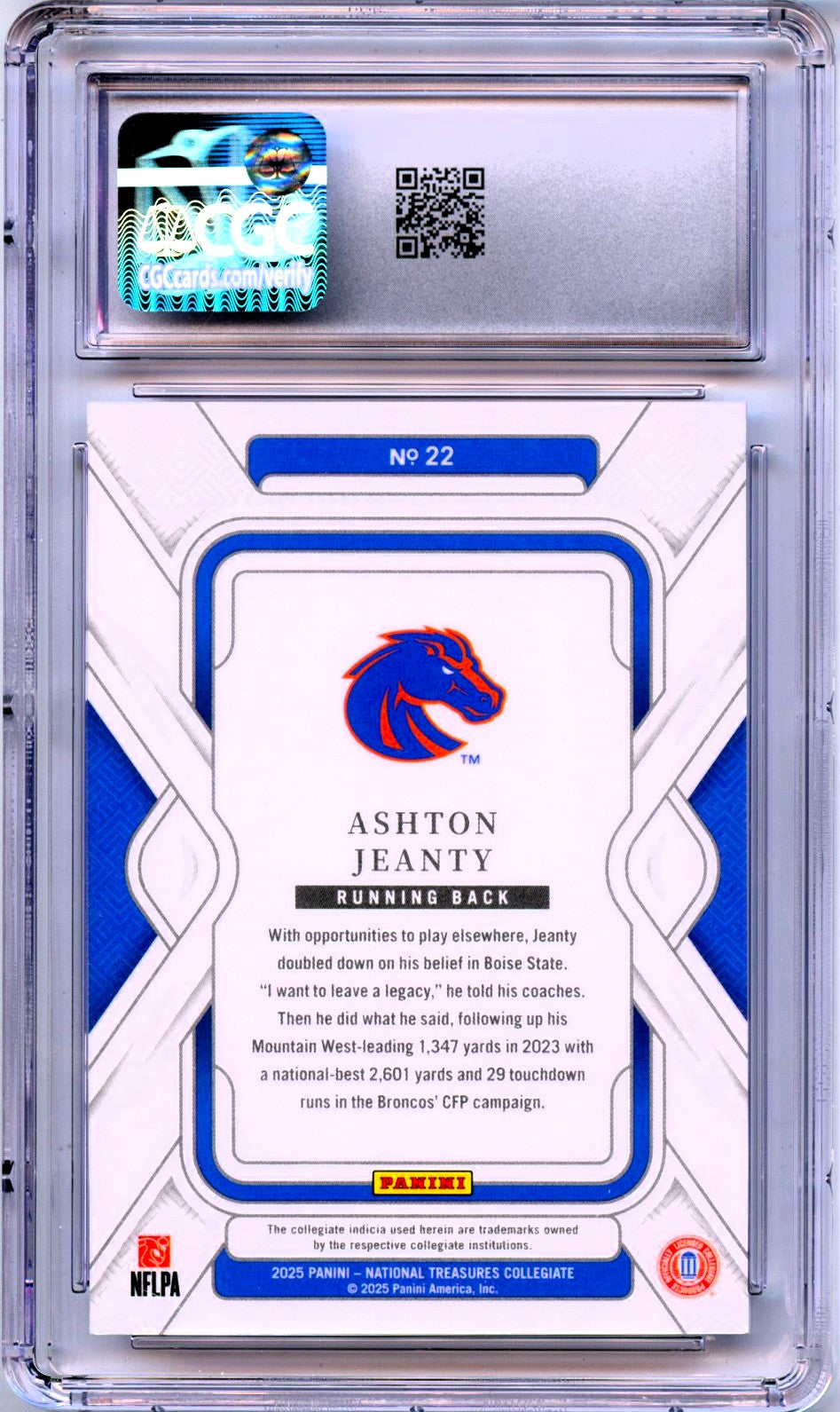 Ashton Jeanty RC 2025 National Treasures Collegiate Blue Century Rookie SP 44/75 CGC 10-2