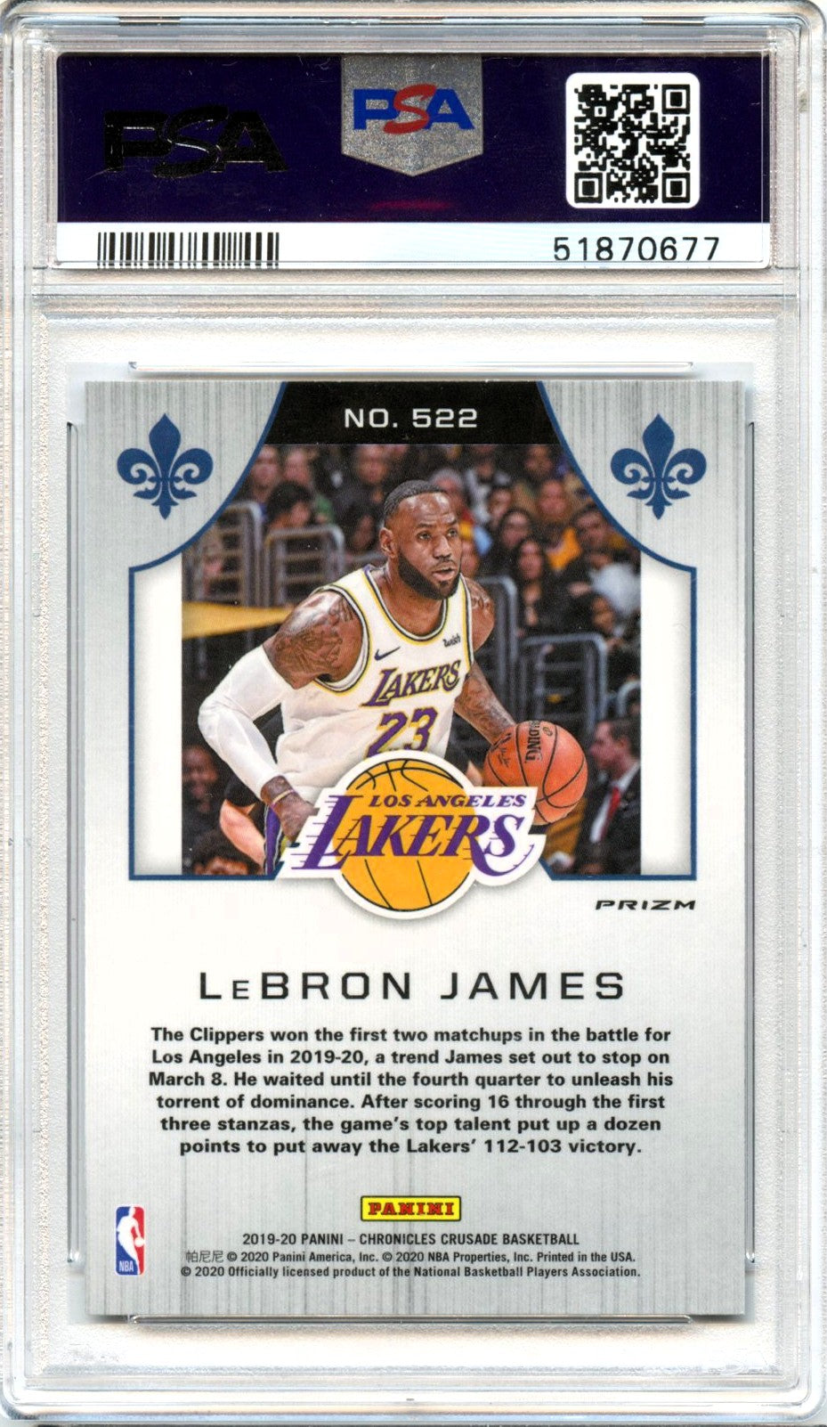 Lebron James 2019-20 Panini Chronicles Crusade Pink #522 PSA 10-2