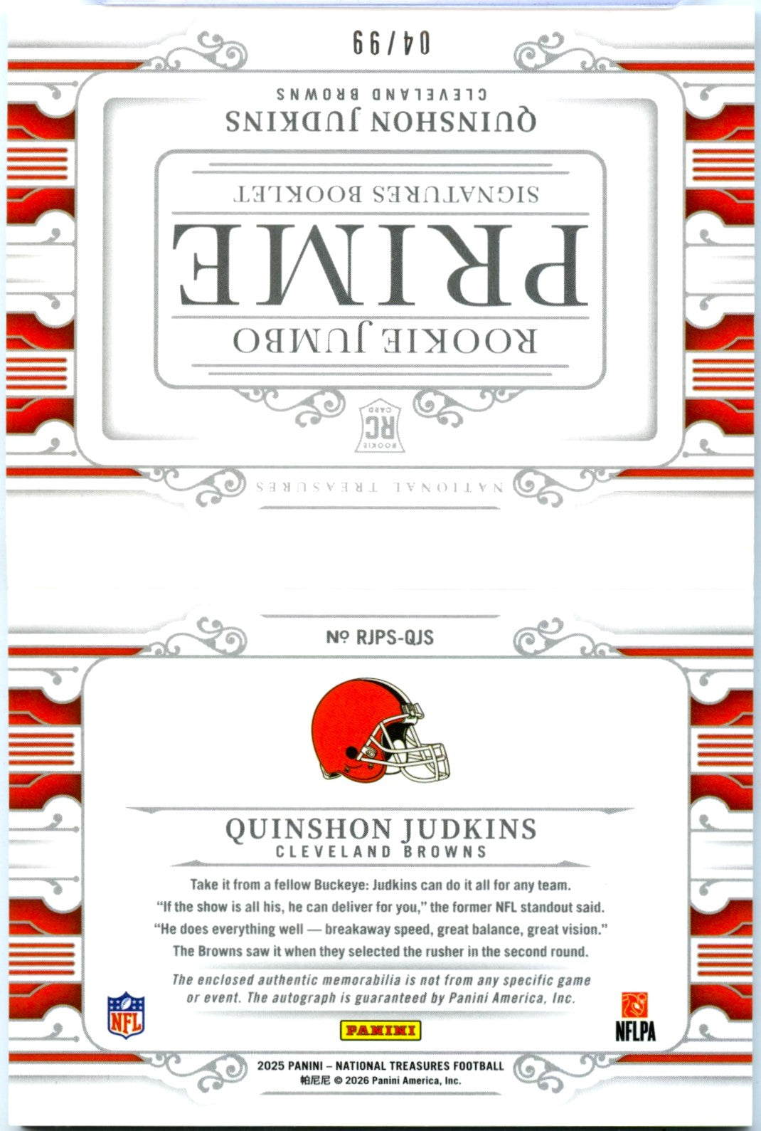 Quinshon Judkins RC 2025 National Treasures Booklet Prime Rookie Patch Auto SP 4/99-2