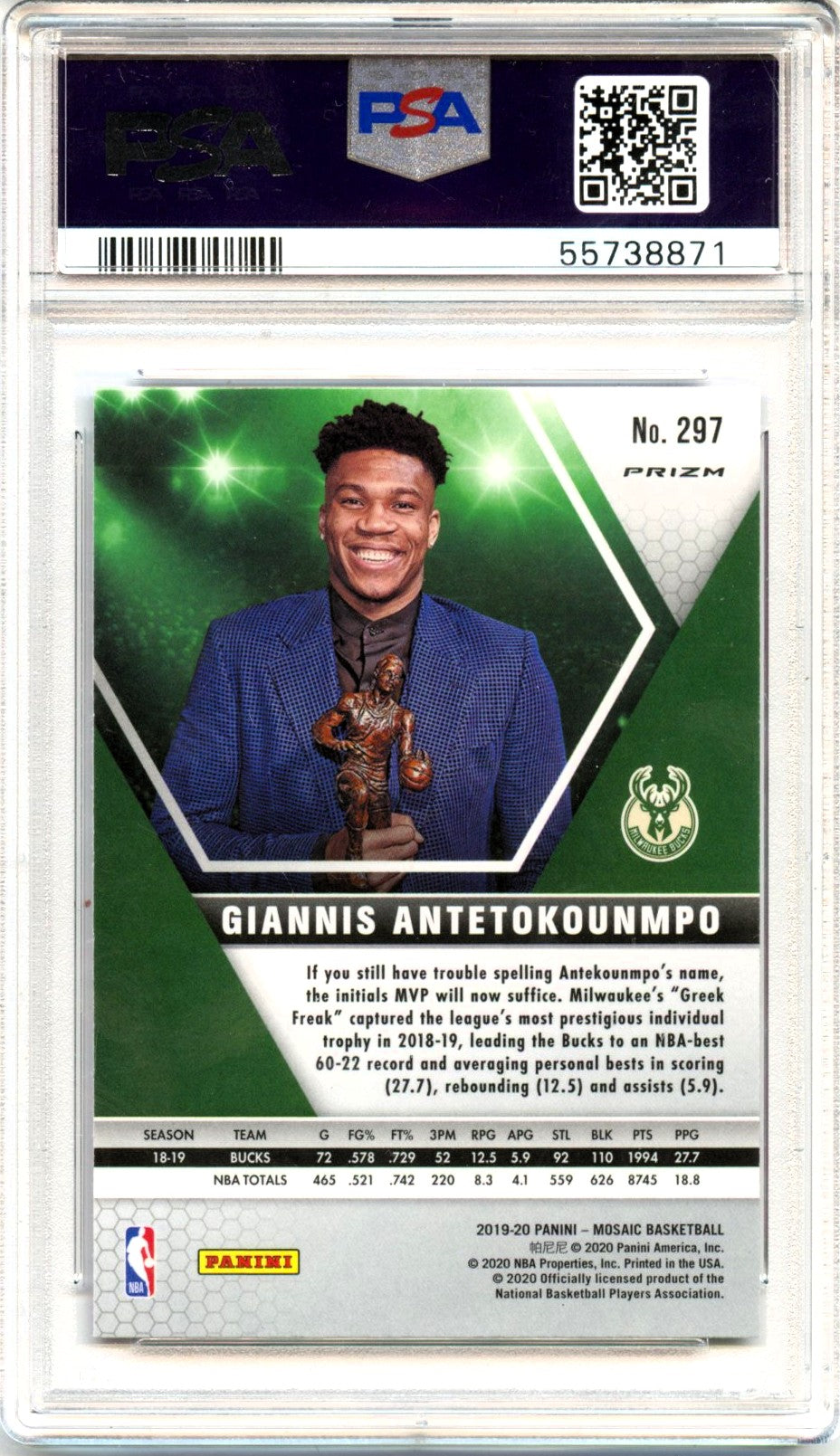 Giannis Antetokounmpo 2019-20 Panini Mosaic Pink Camo #297 PSA 10-2