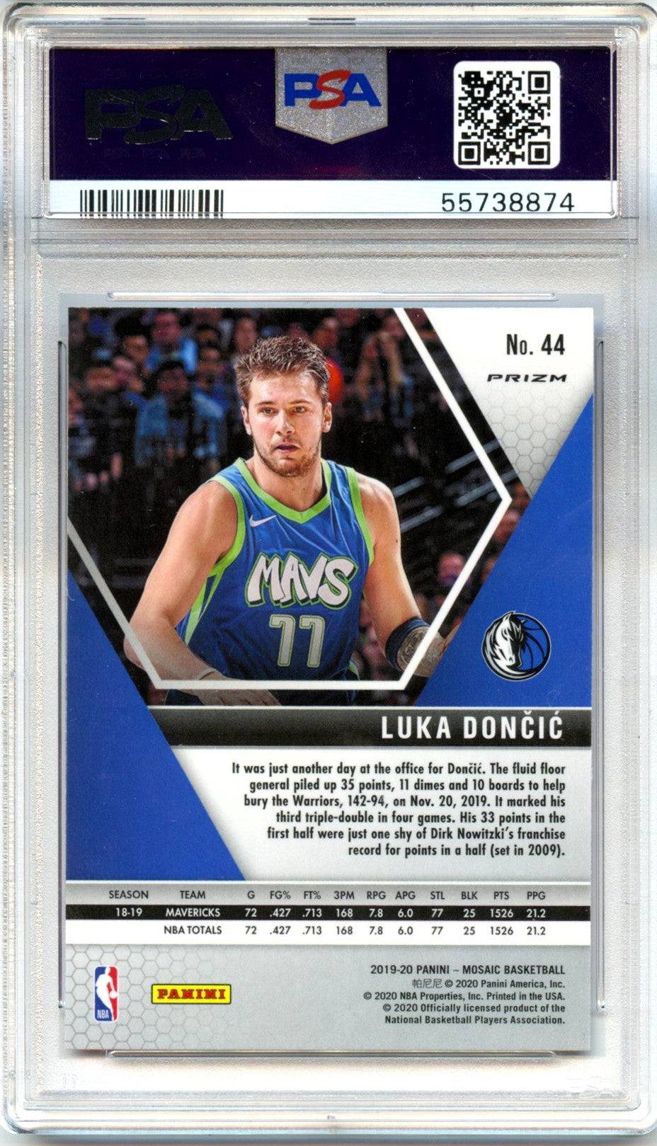 Luka Doncic 2019-20 Panini Mosaic Pink Camo #44 PSA 10-2