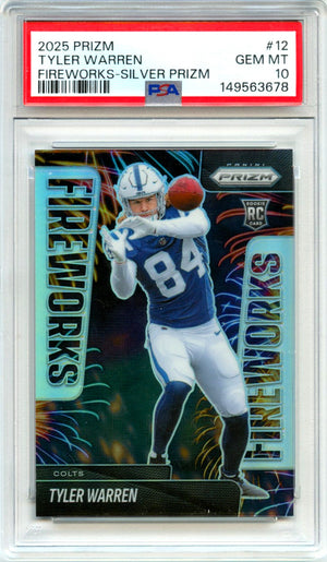 Tyler Warren RC 2025 Panini Prizm Silver Fireworks Rookie #12 PSA 10