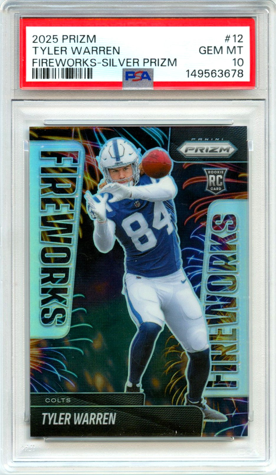 Tyler Warren RC 2025 Panini Prizm Silver Fireworks Rookie #12 PSA 10