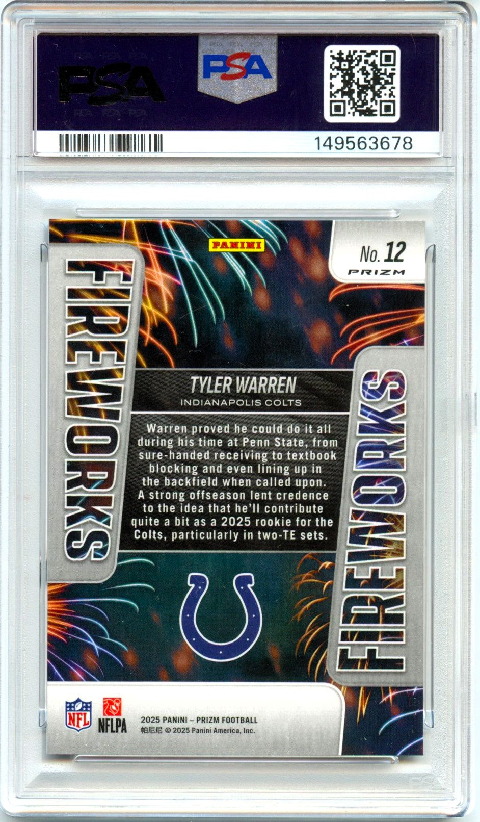 Tyler Warren RC 2025 Panini Prizm Silver Fireworks Rookie #12 PSA 10