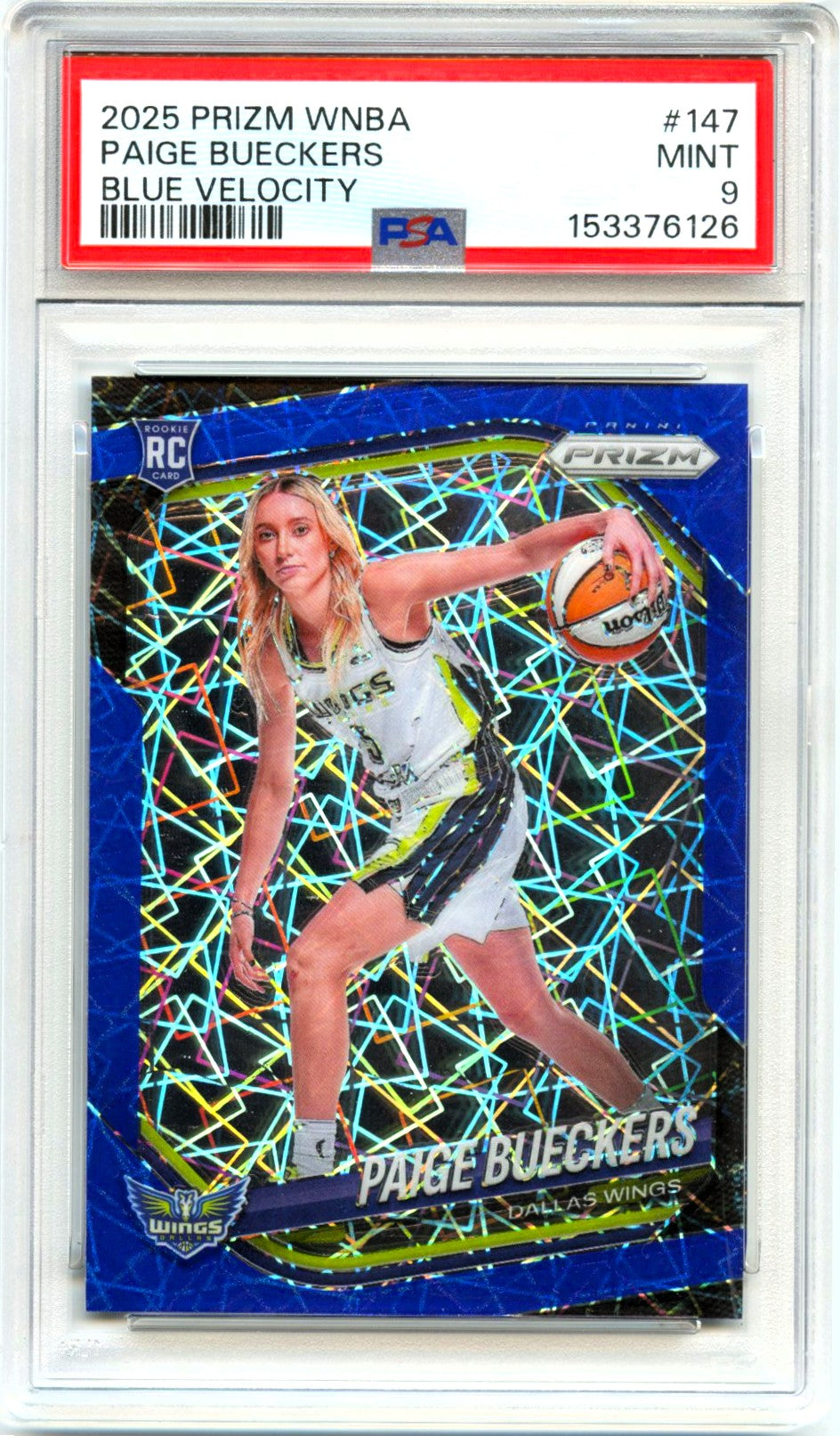 Paige Bueckers RC 2025 Panini Prizm WNBA Blue Velocity Variation Rookie #147 PSA 9