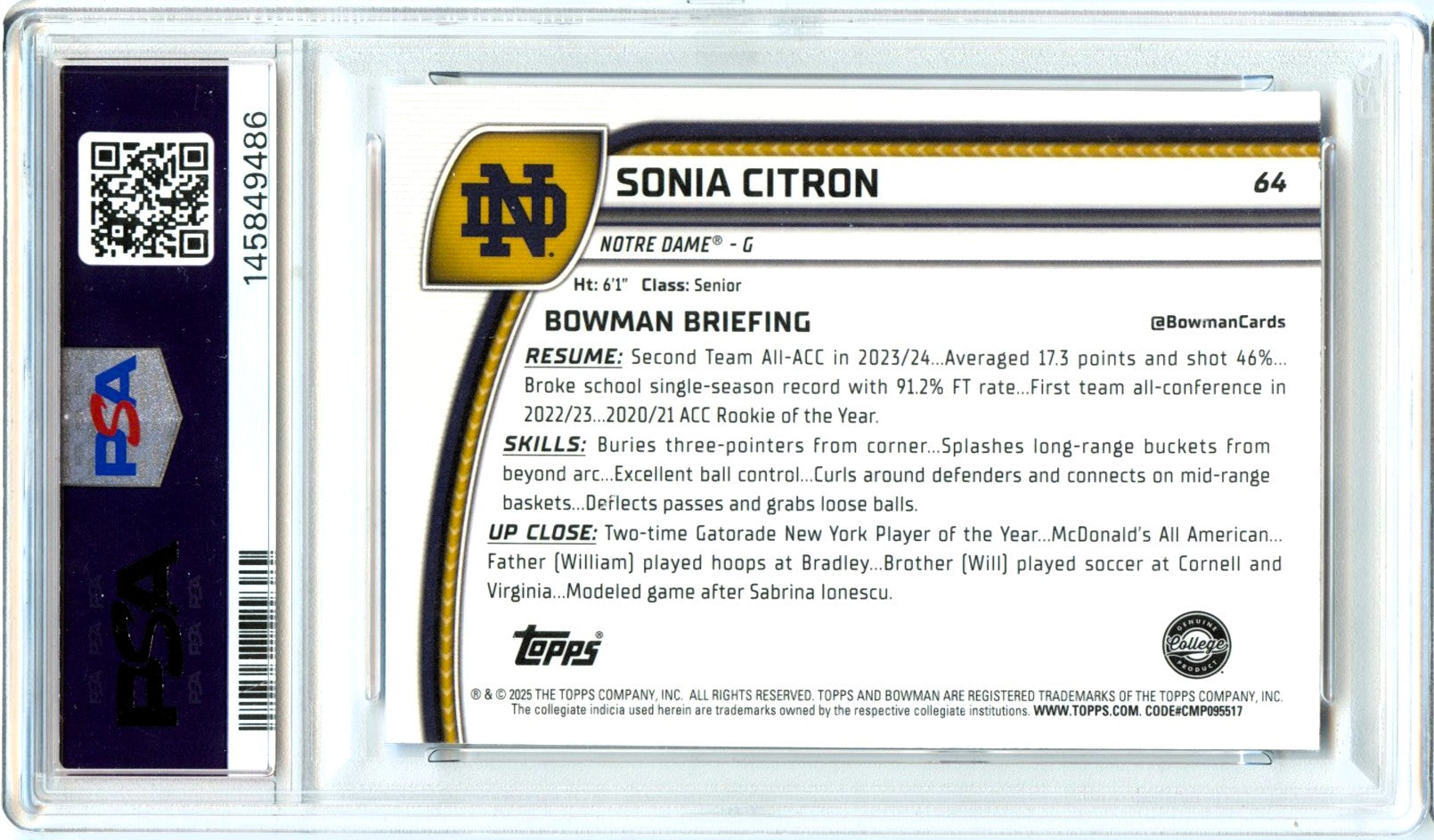 Sonia Citron RC 2024 Bowman U Chrome Sapphire Rookie #64 PSA 10