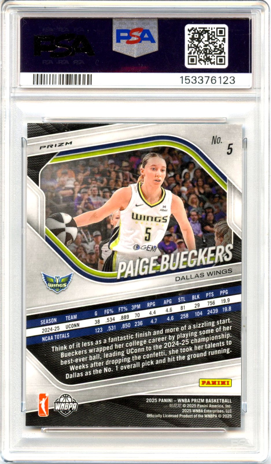 Paige Bueckers RC 2025 Panini Prizm WNBA Ice Rookie #5 PSA 9