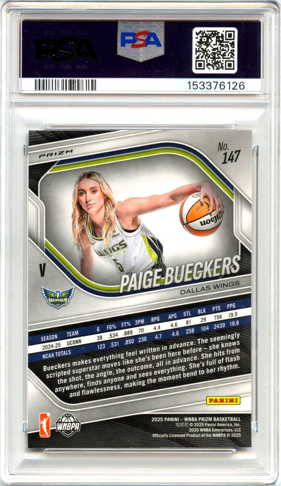 Paige Bueckers RC 2025 Panini Prizm WNBA Blue Velocity Variation Rookie #147 PSA 9