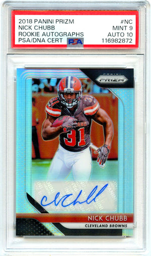 Nick Chubb RC 2018 Panini Prizm Silver Rookie Auto PSA 9