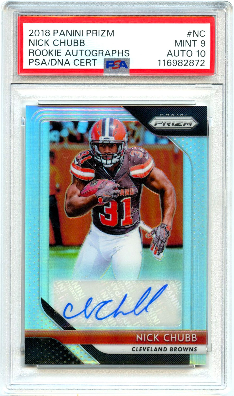 Nick Chubb RC 2018 Panini Prizm Silver Rookie Auto PSA 9