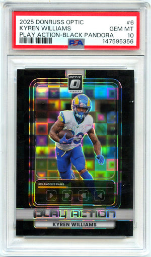 Kyren Williams RC 2025 Donruss Optic Black Pandora Play Action SP 69/149 PSA 10