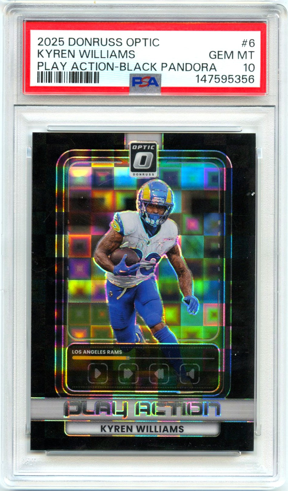 Kyren Williams RC 2025 Donruss Optic Black Pandora Play Action SP 69/149 PSA 10