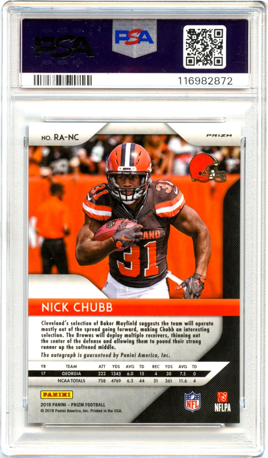 Nick Chubb RC 2018 Panini Prizm Silver Rookie Auto PSA 9-2