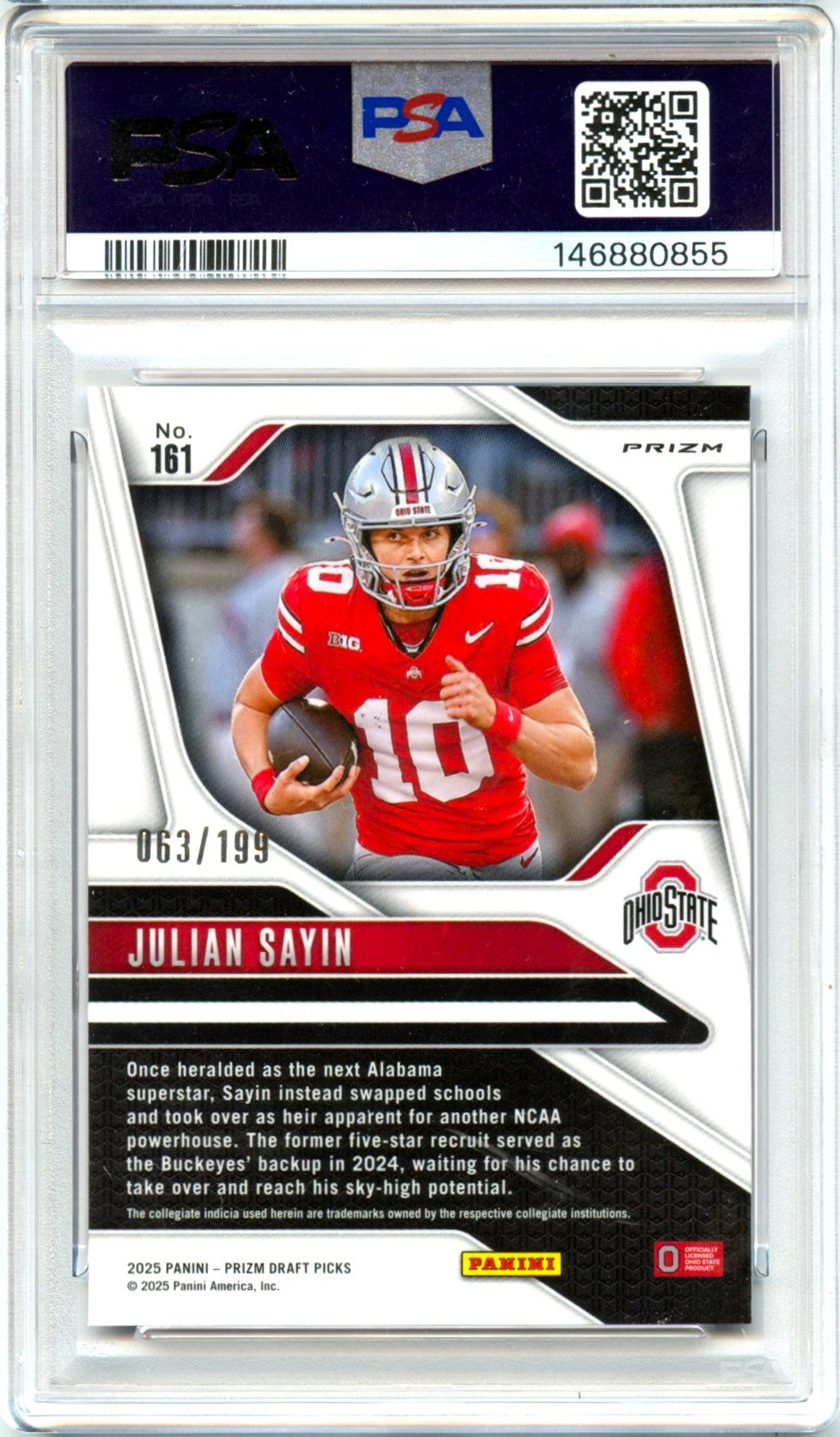 Julian Sayin RC 2025 Panini Prizm Draft Purple Ice Rookie SP 63/199 PSA 9