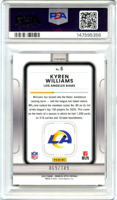 Kyren Williams RC 2025 Donruss Optic Black Pandora Play Action SP 69/149 PSA 10-2