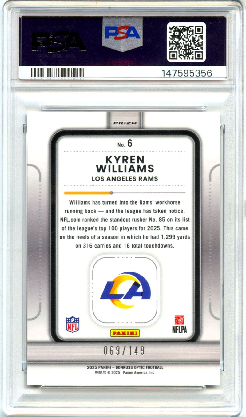 Kyren Williams RC 2025 Donruss Optic Black Pandora Play Action SP 69/149 PSA 10-2