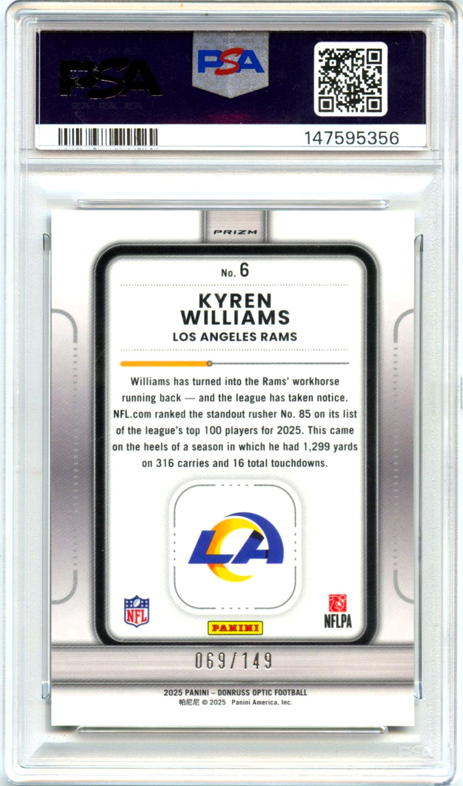 Kyren Williams RC 2025 Donruss Optic Black Pandora Play Action SP 69/149 PSA 10