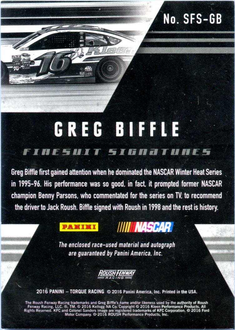 Greg Biffle 2016 Panini Torque NASCAR Firesuit Patch Auto SP 3/75-2