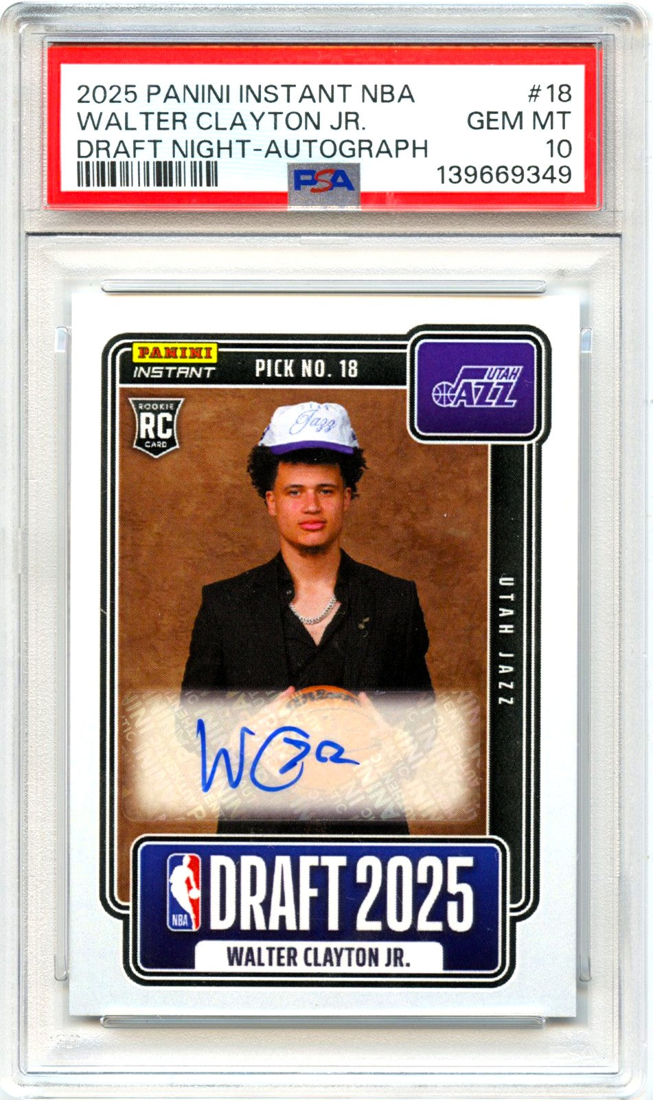 Walter Clayton Jr RC 2025 Panini Instant Draft Night Rookie Auto PSA 10