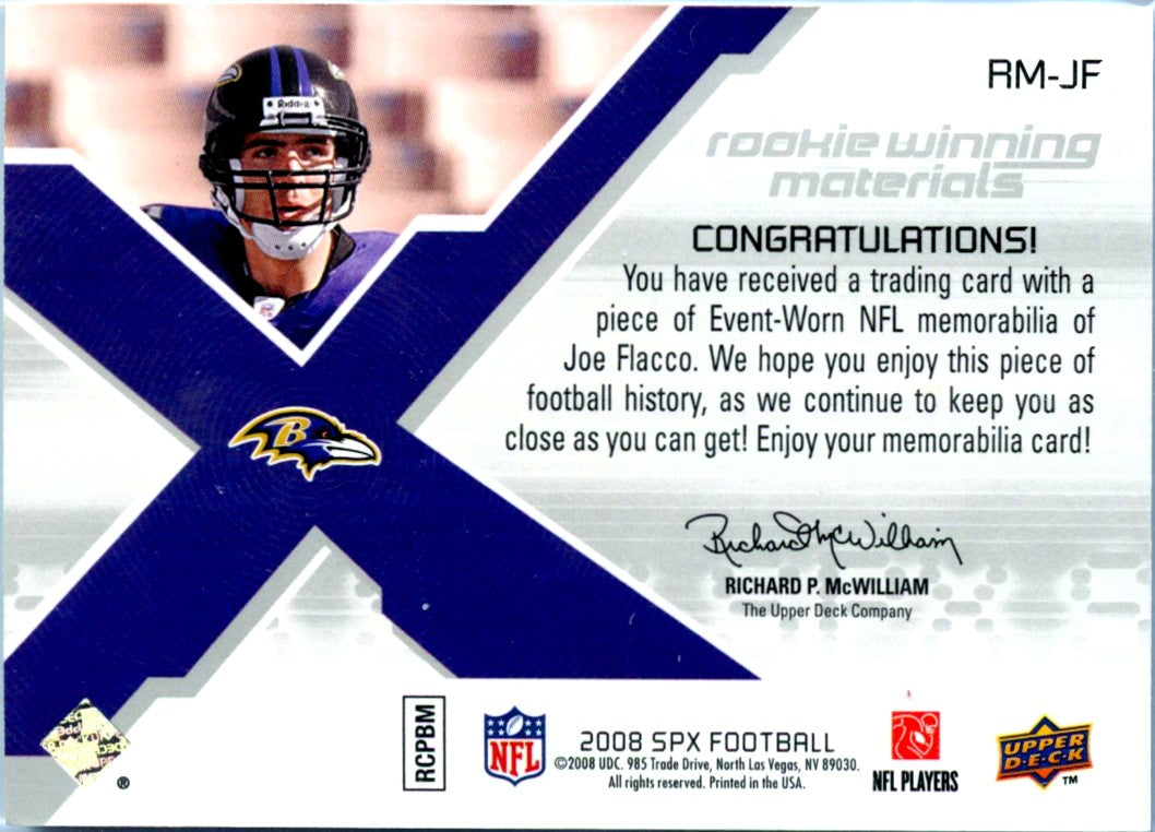 Joe Flacco RC 2008 Upper Deck SPx Winning Materials Rookie Patch SP 8/15-2
