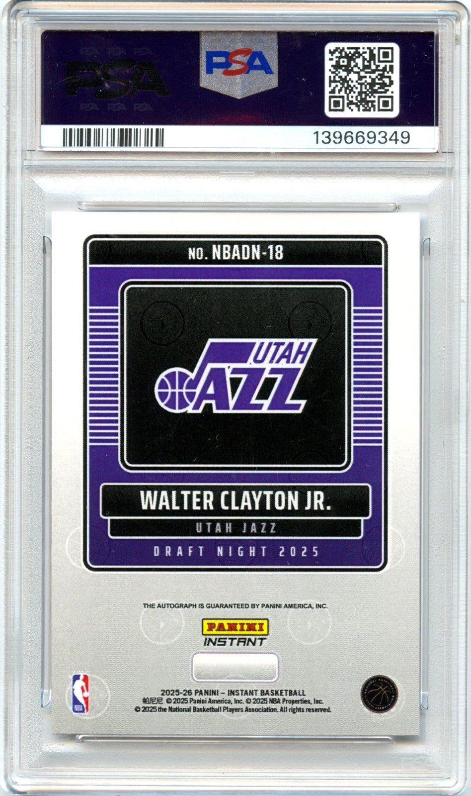Walter Clayton Jr RC 2025 Panini Instant Draft Night Rookie Auto PSA 10