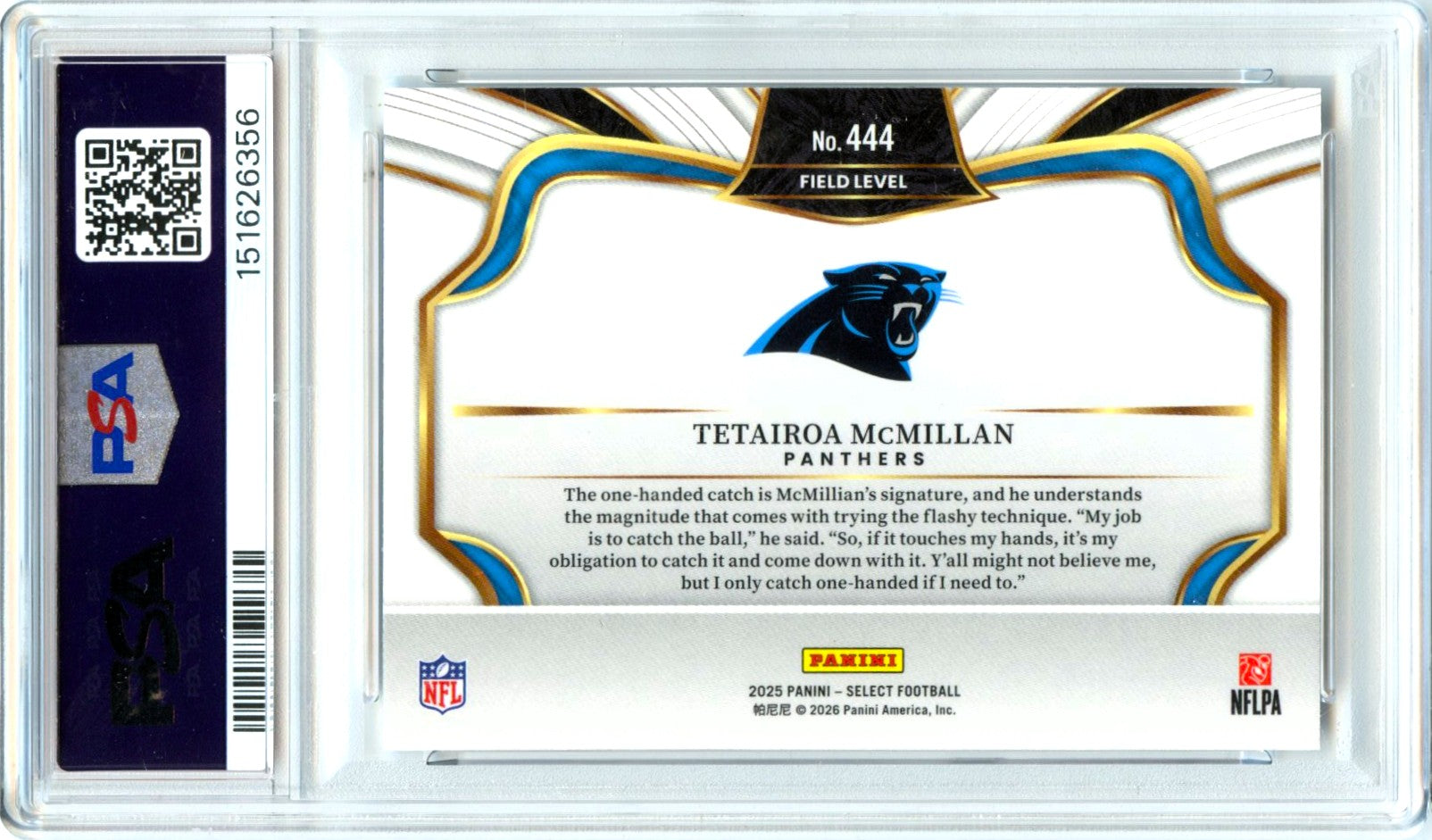 Tetairoa Mcmillan RC 2025 Panini Select Field Level Rookie #444 PSA 10