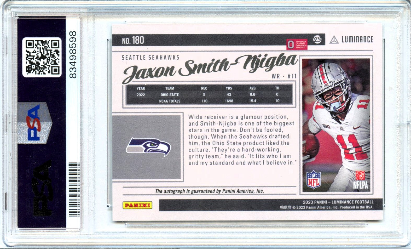Jaxon Smith-Njigba RC 2023 Panini Luminance Rookie Auto SP 36/200 PSA 9-2
