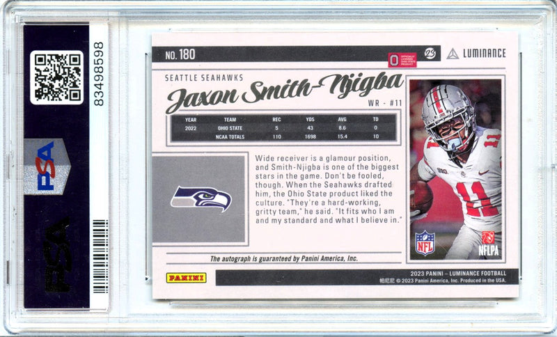 Jaxon Smith-Njigba RC 2023 Panini Luminance Rookie Auto SP 36/200 PSA 9-2