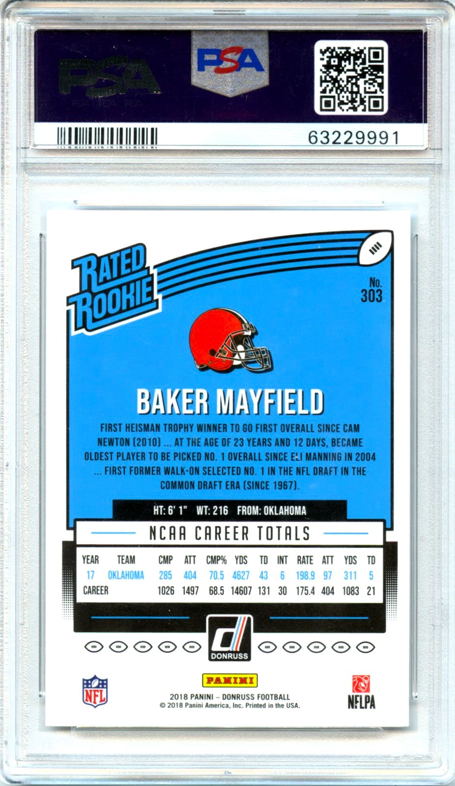 Baker Mayfield RC 2018 Donruss Rated Rookie #303 PSA 10