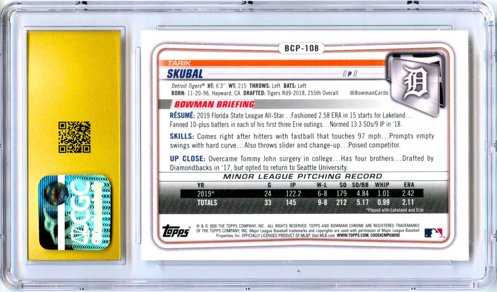 Tarik Skubal RC 2020 1st Bowman Chrome Prospect Rookie CGC 10 Pristine