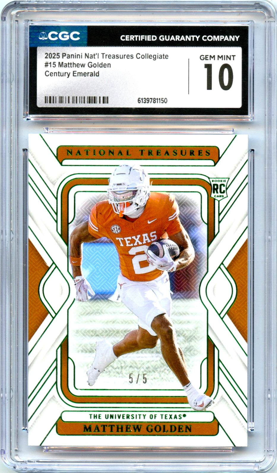 Matthew Golden RC 2025 National Treasures Collegiate Green Rookie SP 5/5 CGC 10-1