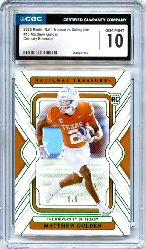 Matthew Golden RC 2025 National Treasures Collegiate Green Rookie SP 5/5 CGC 10