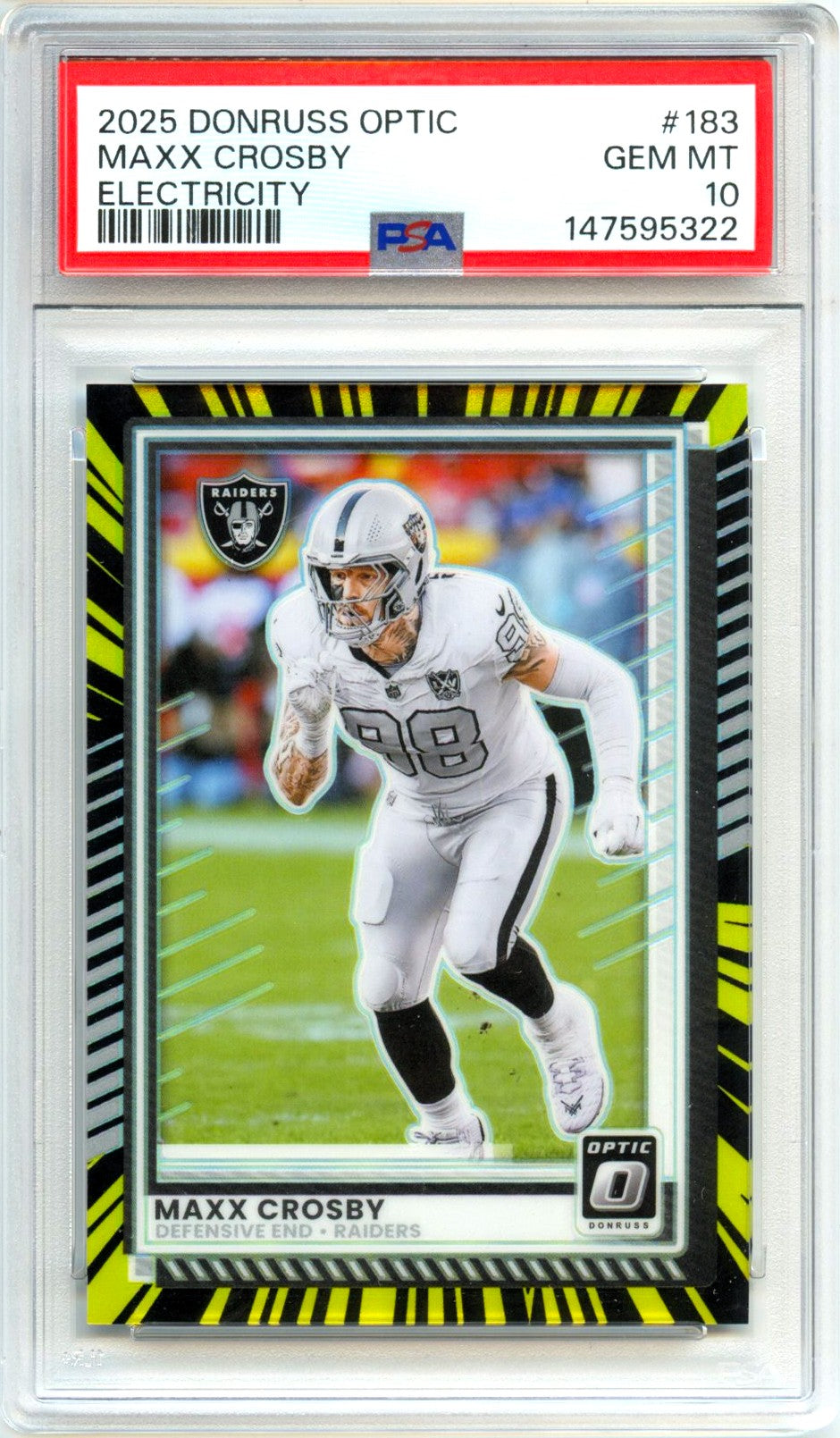 Maxx Crosby 2025 Donruss Optic Electricity Prizm SP 58/75 PSA 10