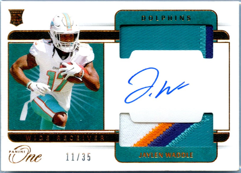 Jaylen Waddle RC 2021 Panini One Rookie Dual Patch Auto SP 11/35-1