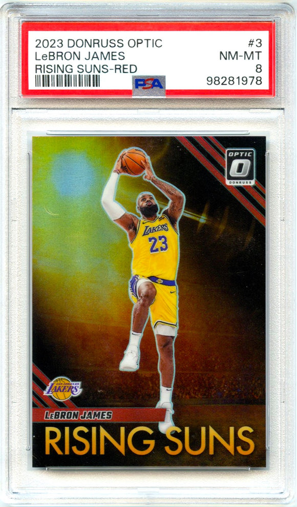 Product Lebron James 2023 Donruss Optic Red Rising Suns SP 93/99 PSA 8 Link