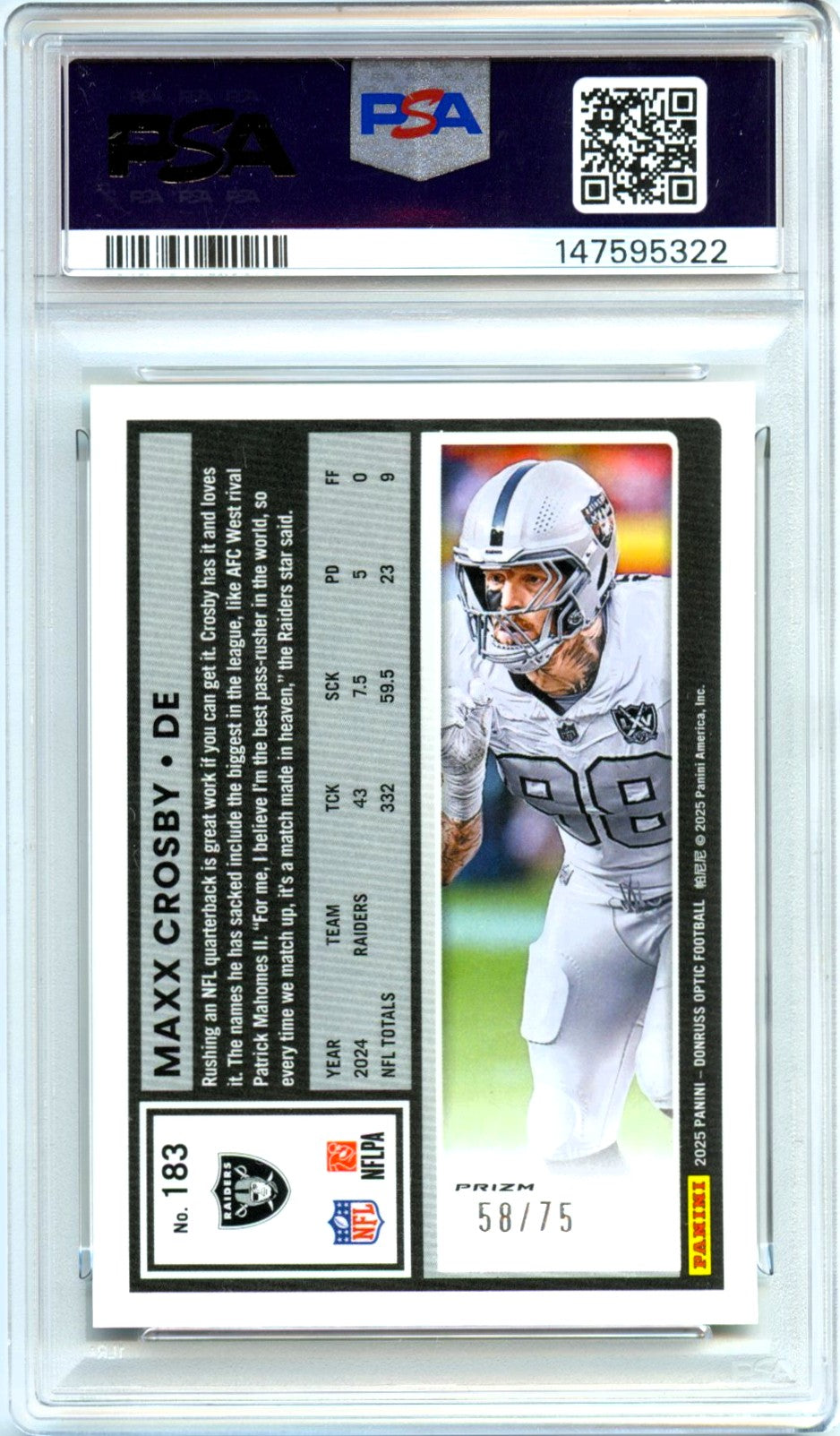 Maxx Crosby 2025 Donruss Optic Electricity Prizm SP 58/75 PSA 10