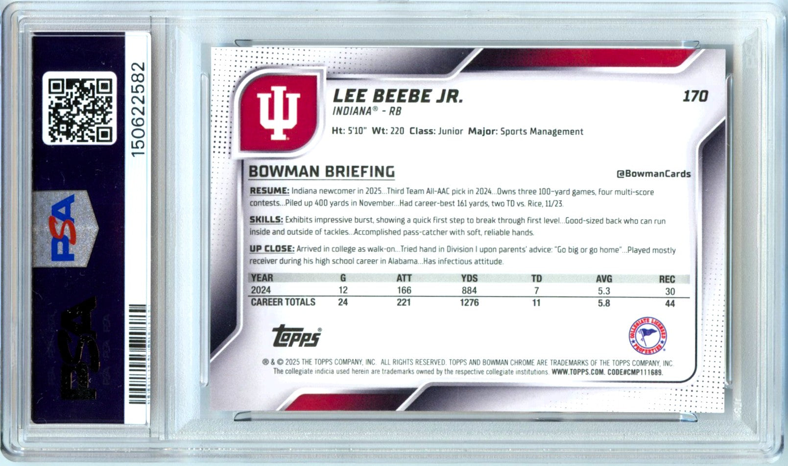 Lee Beebe Jr RC 2025 Bowman U Chrome Sapphire Black Rookie SP 5/10 PSA 9-2