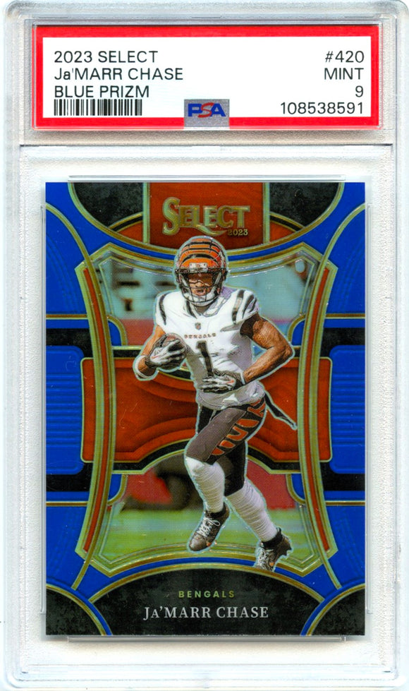 Product Ja'marr Chase 2023 Panini Select Suite Level Blue Prizm SP 28/99 PSA 9 Link